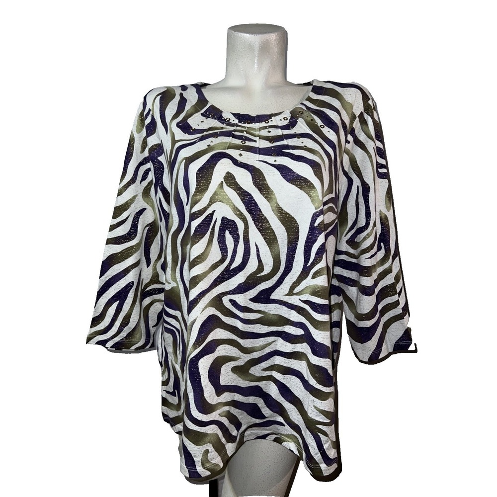 Alfred Dunner Women 1X Zebra Print Metallic Studded Knit Top Purple Gold White